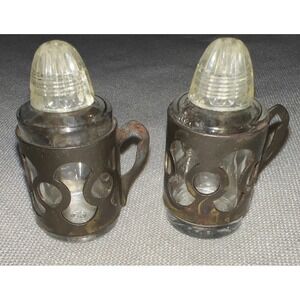 Carr Lowrey/Anchor Hocking glass salt pepper shakers w/metal sleeve-art deco